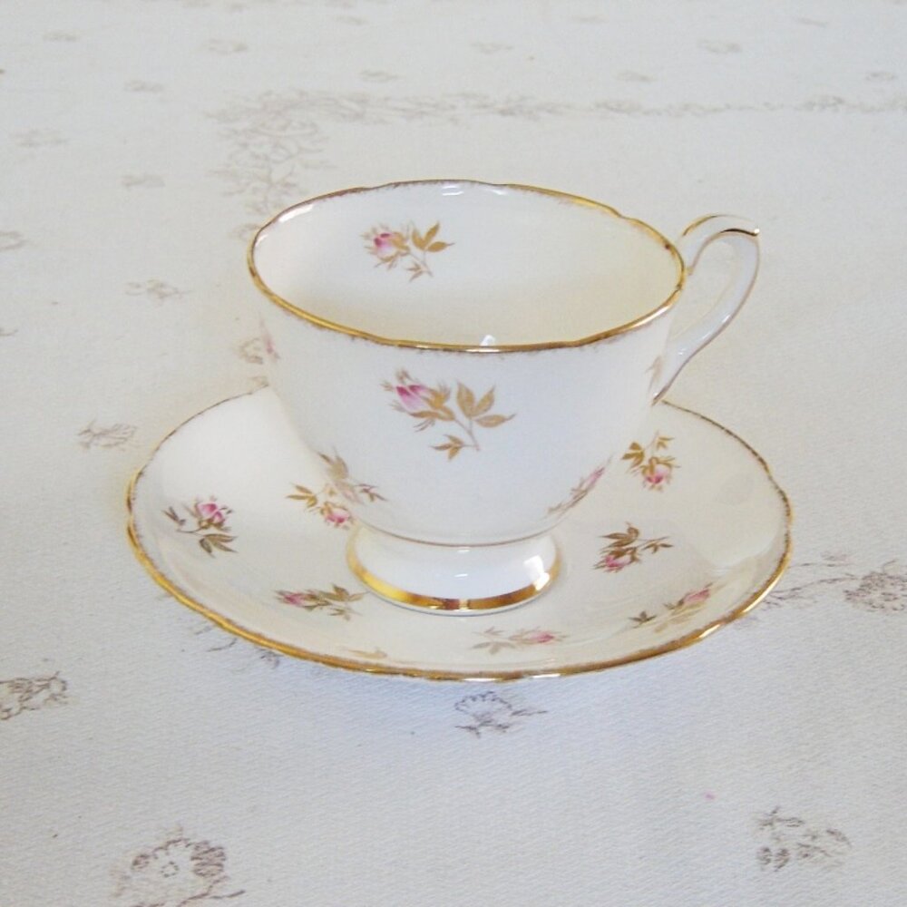 Royal Stafford pink Rosebud gold leaves cup and saucer VGU